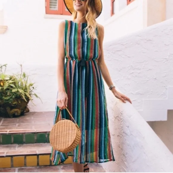 Anthropologie Eva Franco Striped Crotchet tank midi dress boho women size 10 - Picture 2 of 12